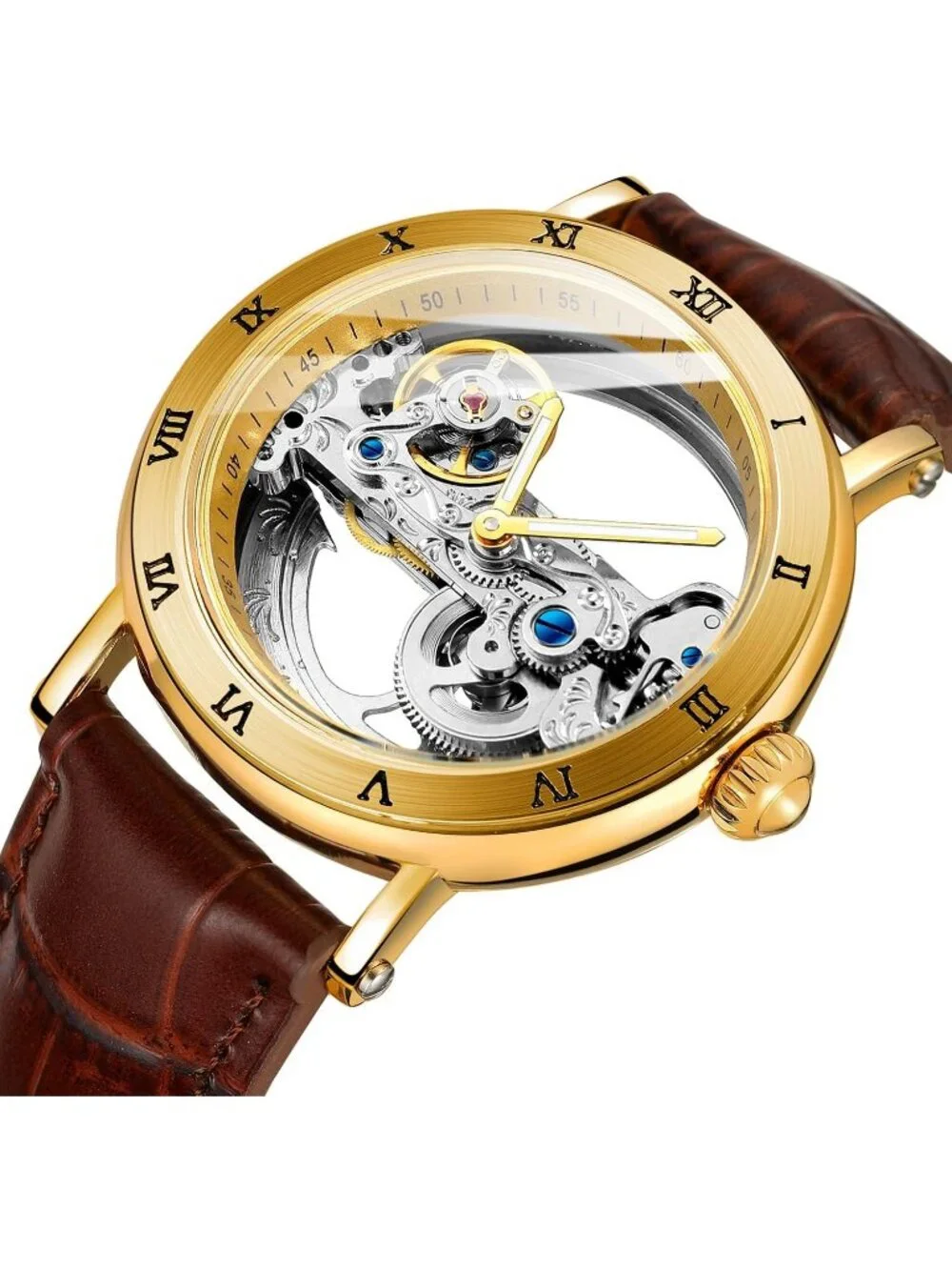 Men's Silver Brown Unique Design Automatic Genuine Leather Strap Skeleton Watch